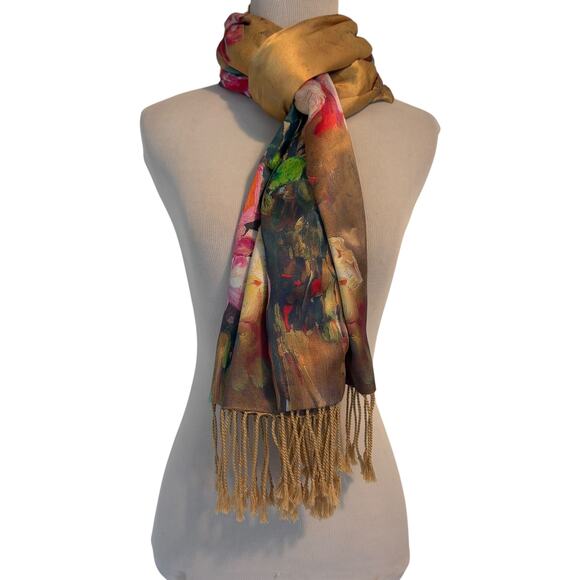 Floral Silk Scarf with Fringe Camel & Pink Solid Plush Back Soft Warm Artsy - Picture 2 of 7